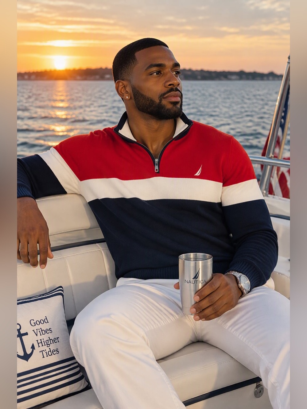 Nautica Quarter Zip Colorblock Sweater — Red Navy White — Size L